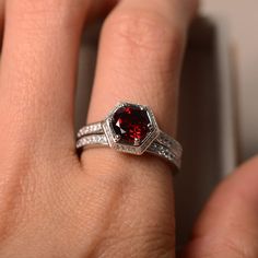 Garnet engagement ring sterling silver January birthstone | Etsy Formal Garnet Ring With Center Stone, Formal Garnet Gemstone Diamond Ring, Elegant Red Promise Stackable Rings, Formal Garnet Birthstone Ring In Fine Jewelry Style, Formal Garnet Birthstone Ring Fine Jewelry, Formal Garnet Birthstone Ring, Classic Garnet Jewelry With Halo Setting, Elegant Red Garnet Stackable Rings, Elegant Garnet Ring With Prong Setting