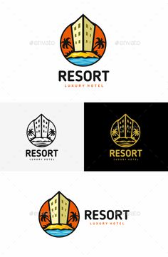 resort logo design with palm trees and water - objects logo templates on separate layers