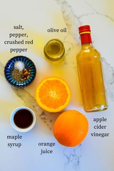 an orange, salt, pepper, crushed red pepper, and apple cider vinegar