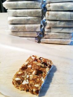 a stack of food sitting on top of a wooden table