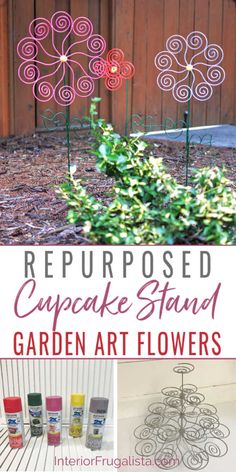 repurposed cupcake stand garden art flowers with text overlay that reads repurposed cupcake stand garden art flowers