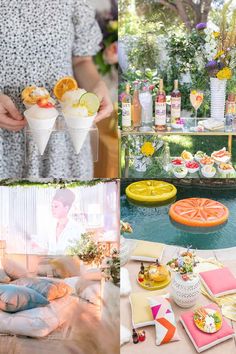 a collage of photos with food and drinks on the table in front of a pool