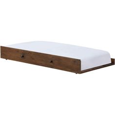 the bed frame is made from wood and has two drawers on each side, with one drawer