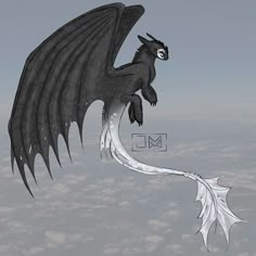 a black dragon flying through the air with its wings spread