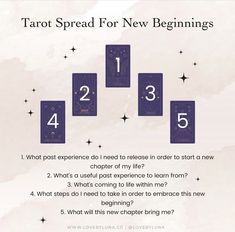 the tarot spread for new beginnings is shown in purple and blue with stars on it