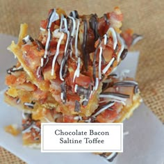 chocolate bacon saltine toffee is stacked on top of each other