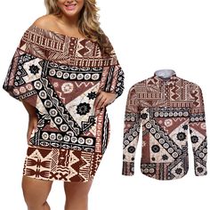 Bula Fiji Couples Matching Off Shoulder Short Dress and Long Sleeve Button Shirt Unique Masi Tapa Pattern LT14 Brown - Polynesian Pride Off Shoulder Short Dress, Couples Matching, Matching Couples, Button Shirt, Summer Shirts, Short Dress, Hawaiian Shirt, Fashion Games, High Definition