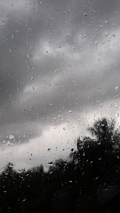 rain is pouring down on the window and trees in the foreground, while dark clouds loom overhead