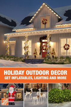 an advertisement for holiday outdoor decor with pictures of christmas decorations and reindeers in front of a house