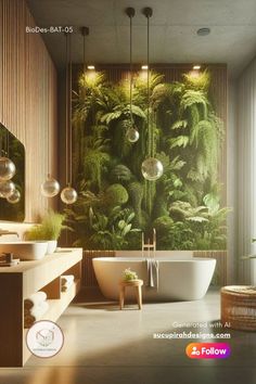 the bathroom is decorated with green plants and hanging lights above the tub, along with two sinks