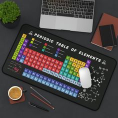 a mouse pad with the word periodic table of elements on it next to a laptop