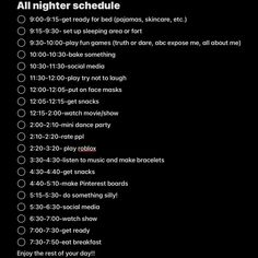 a black poster with the words all nighter schedule on it's back side