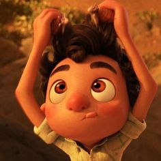 an animated character is holding his head in the air with one hand and looking up