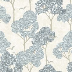 a wallpaper with trees and birds in grey on a white background for the home decor