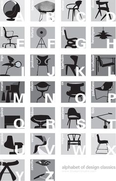 the alphabet is shown with different chairs and tables in black and white, as well as letters