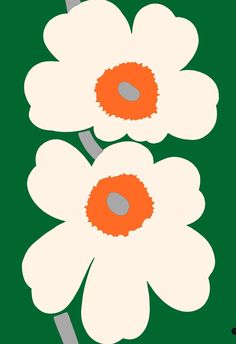 three white flowers with orange centers on a green background