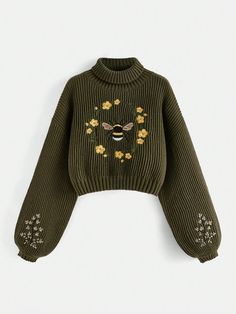 Army Green Casual Collar Long Sleeve Knitwear Floral Pullovers Embellished Medium Stretch  Women Plus Clothing Fall Leaf Sweater, Cottagecore Clothing Aesthetic, Autumn Crochet Sweater, Gremlincore Clothes, Gremlincore Fashion, Nature Inspired Clothes, Crochet Fall Clothes, Forestcore Clothing, Cute Clothes Ideas