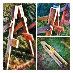 three pictures of a wooden chair made out of wood planks and some other things