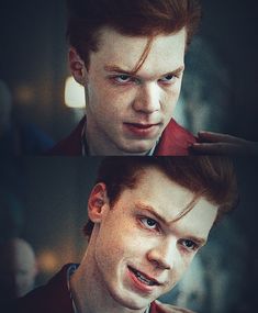 two pictures of a man with red hair and blue eyes, one is looking at the camera