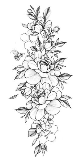 a line drawing of flowers and a bee on a white background with the words, i love