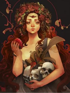 a painting of a woman holding skulls and flowers