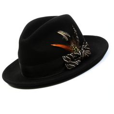 Discover the epitome of elegance with our Men's Black/ Beige Wool Fedora Hat from the Imperialis Collection. This stylish accessory is meticulously crafted from the finest wool, offering both comfort and durability. It features a sleek black design that is both versatile and timeless. The hat is adorned with a vibrant feather and a black band with Beige bow, providing a splash of color and sophistication that makes it stand out in any ensemble.   Features:    Pinch crown design  Chic feather acc Luxury High Crown Brown Fedora, Happy Hat, Suit Hat, Comfortable Mens Shoes, Wool Fedora Hat, Felt Hats, Hat Size Chart, Wool Fedora, Felt Fedora