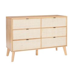 an image of a white dresser with wicker drawers on the top and bottom drawer