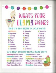 a printable llama name poster with the words what's your llama name?