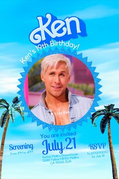 the poster for ken's 10th birthday is shown with palm trees and blue sky in the background