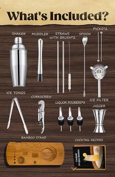 what's included in a cocktail shaker? info graphic on wooden background with text