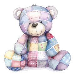 a colorful teddy bear sitting in front of a white background