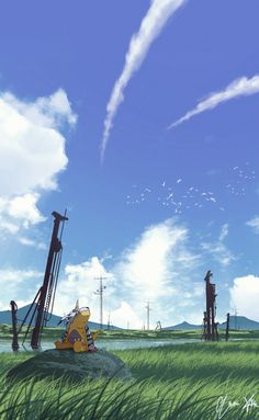 an anime scene with the sky in the background and grass in the foreground, two people sitting on a rock