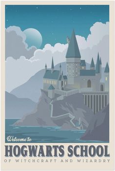 the hogwart's school poster is shown in blue and white