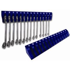 a set of blue wrenches with different sizes and widths on each one side