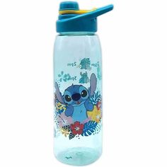 a blue water bottle with a cartoon character on the lid and straw sticking out of it