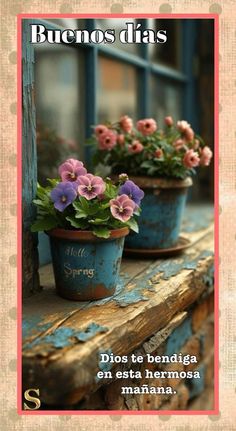 two blue flower pots sitting on top of a window sill with pink and purple pansies in them