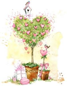 a watercolor painting of a heart shaped tree with pink flowers and presents on the ground