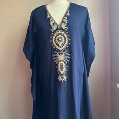 This Is A New With Unattached Tags As Well As Extra Bedazzle Pieces. Royal Blue Short Sleeve Beach Dress, Blue V-neck Kaftan For Party, Blue Kaftan For Spring Festive Occasions, Blue Spring Festive Kaftan, Festive Blue V-neck Kaftan, Elegant Blue Festival Kaftan, Blue Maxi Dress For Vacation Eid, Blue Maxi Dress For Eid Vacation, Blue Free Size Kaftan For Eid