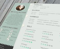 a green and white resume on top of a wooden table