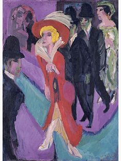 a painting of a woman in a red dress and hat with other people around her