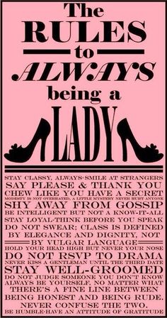 the rules to always being a lady poster in black and pink with high heeled shoes