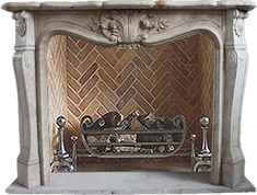 an ornate fireplace with a bench in front of it