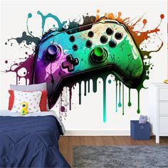 a colorful video game controller wall mural in a bedroom