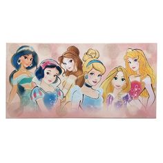 the disney princesses are lined up together for a photo in front of a pink background