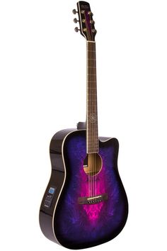 a purple and black guitar with an intricate design on the top, sitting against a white background