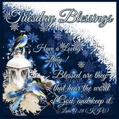 a blue and white christmas card with two birds sitting on top of a lamp post