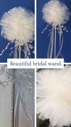 four different pictures of white flowers and feathers with text that reads beautiful bridal wand