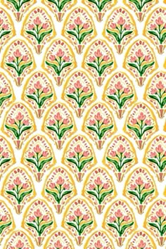 an art nouveau style wallpaper with pink flowers and green leaves on yellow, white background