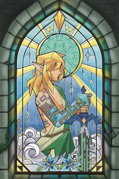 a stained glass window with a woman holding a guitar in front of her and an image of the legend of zelda