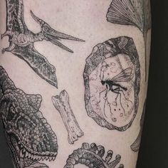 a close up of a person's leg with tattoos on it and various animals